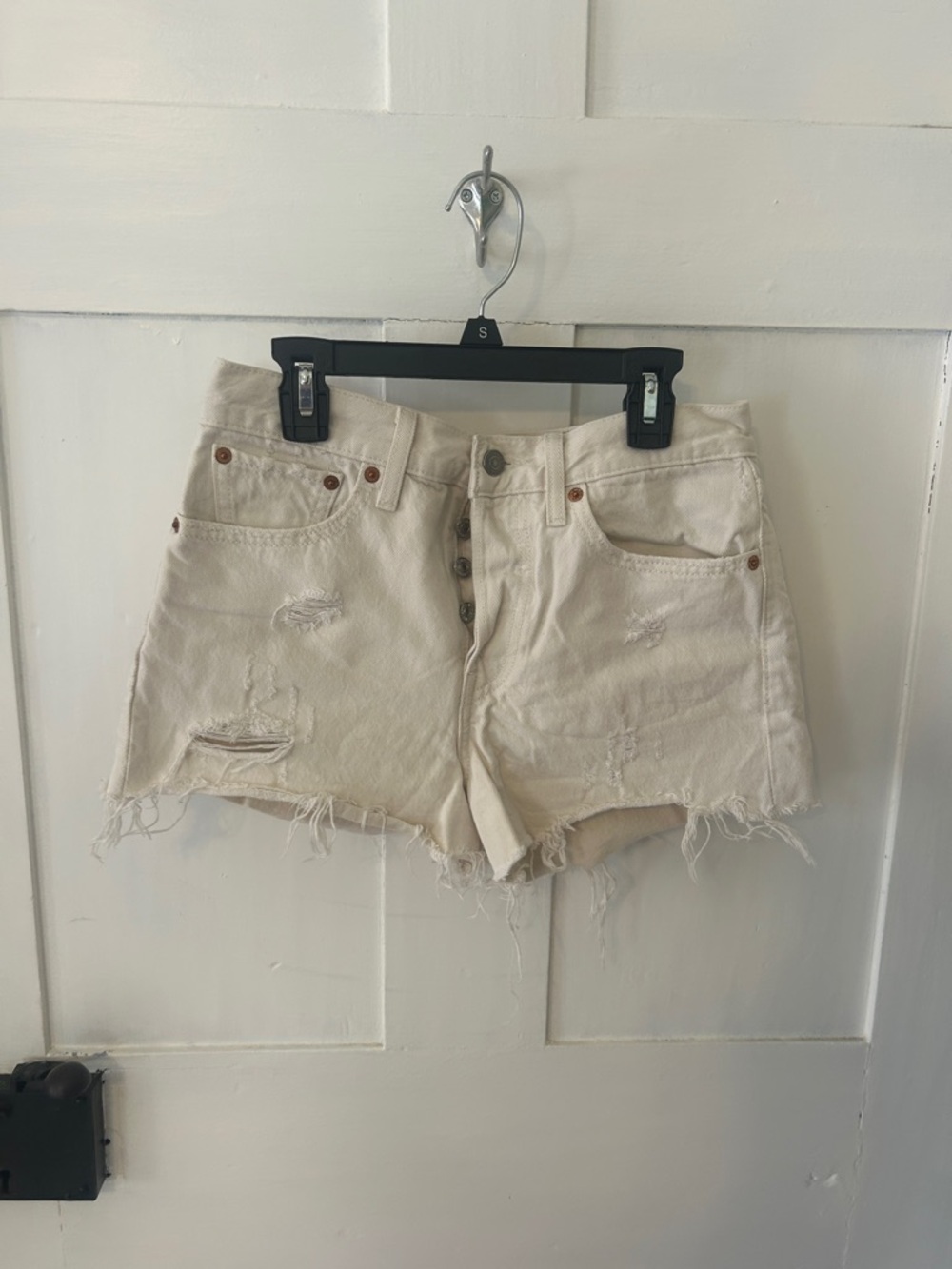 Levi's white Distressed High-Rise Denim Shorts